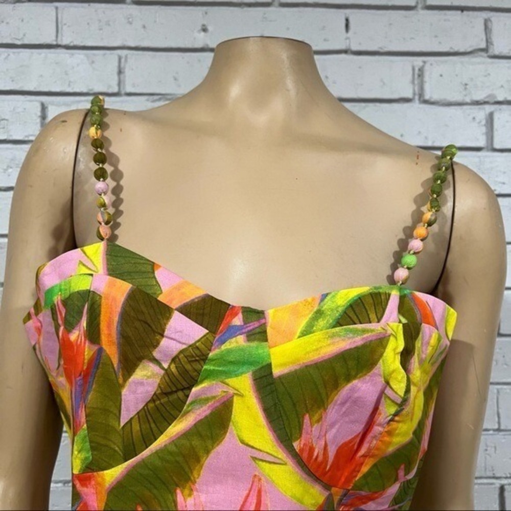 Farm Rio for Anthropologie Tropical Beaded Strap Bustier Crop Top Pink Green | M - Picture 5 of 10